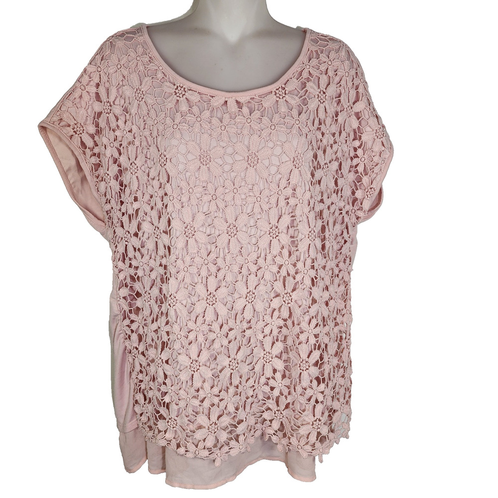 Ruby Rd. Womans Top Size XL Lace Short Cap Sleeve Macrame Floral Layered Pink